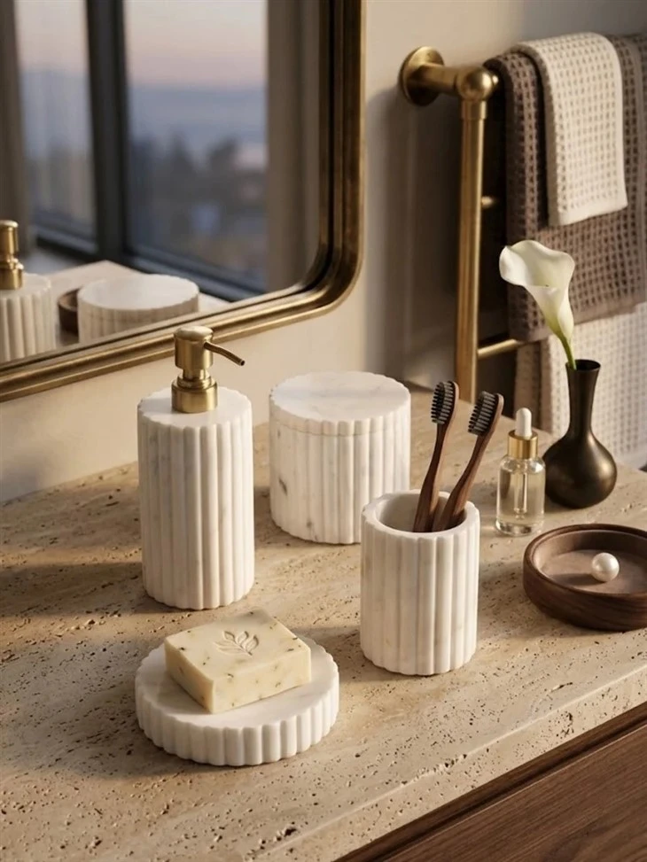 White Marble Bath Set Deep Vertical Fluting Across All Four Forms high quality
