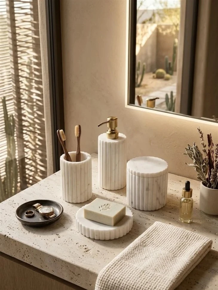 White Marble Bath Set Deep Vertical Fluting Across All Four Forms suppliers